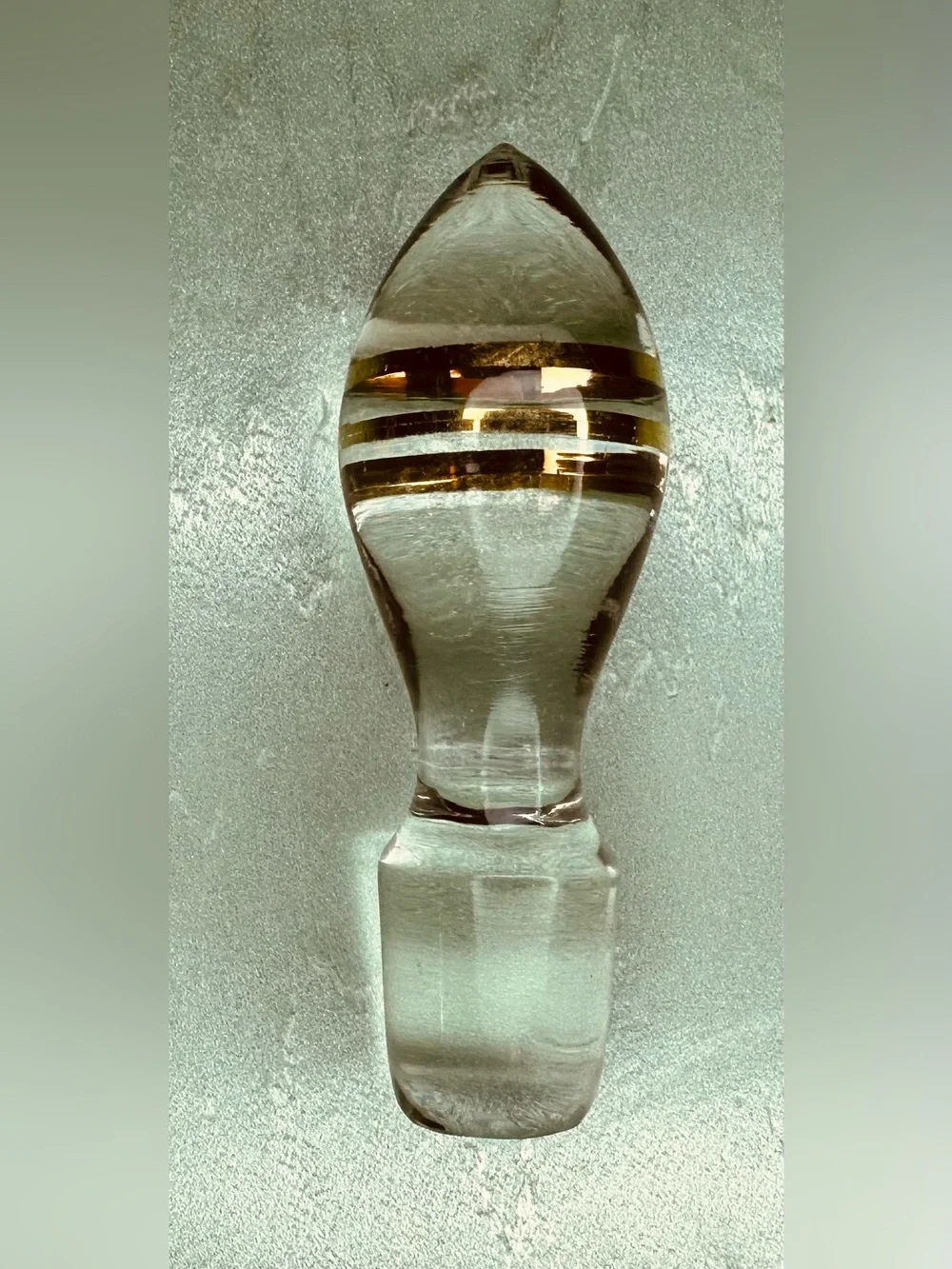 Vintage Clear Glass Decanter Stopper MCM 2 Gold Leaf Stripes